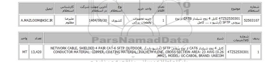 استعلام 4TZS2530301	کابل 4 زوج شیلدار CAT6 از نوع بیرونی SFTP (آرشیو د ... کامل