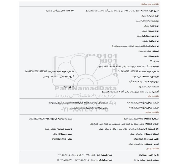 مزایده، یک باب مغازه در روستای بیاس آباد به مساحت63مترمربع