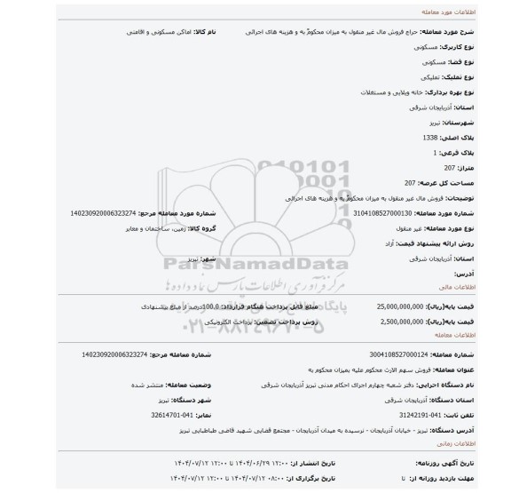 مزایده، فروش مال غیر منقول به میزان محکومٌ به و هزینه های اجرائی
