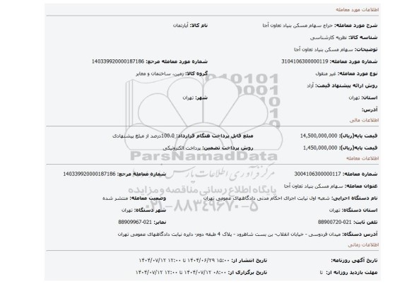 مزایده، سهام مسکن بنیاد تعاون آجا