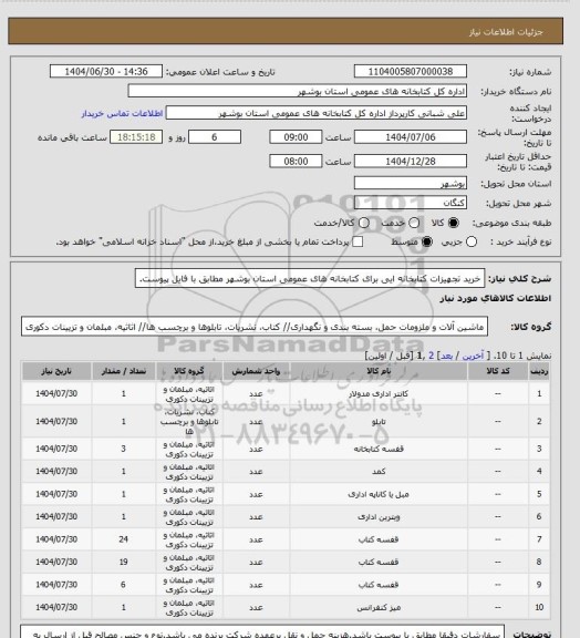 استعلام خرید تجهیزات کتابخانه ایی برای کتابخانه های عمومی استان بوشهر مطابق با فایل پیوست.