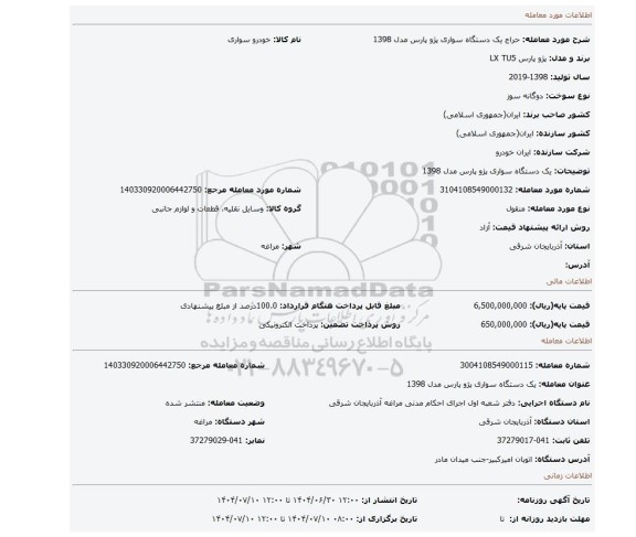 مزایده، یک دستگاه سواری پژو پارس مدل 1398