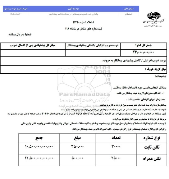 استعلام واگذاری ثبت شماره های مشاغل در سامانه 118 به پیمانکاران
