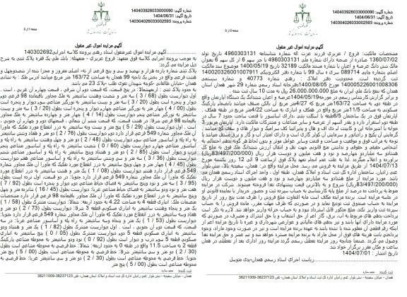 مزایده پلاک ثبتی شماره یازده هزار ونهصد و سی و پنج فرعی از نه اصلی 