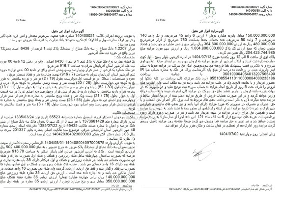 مزایده فروش میزان 1.2207 دانگ مشاع از سه دانگ مشاع از ششدانگ پلاک ثبتی 1 فرعی از 6436 اصلی 