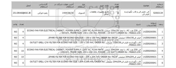 استعلام فن ،فیلتر فن و قاب نگهدارنده  فیلتر فن