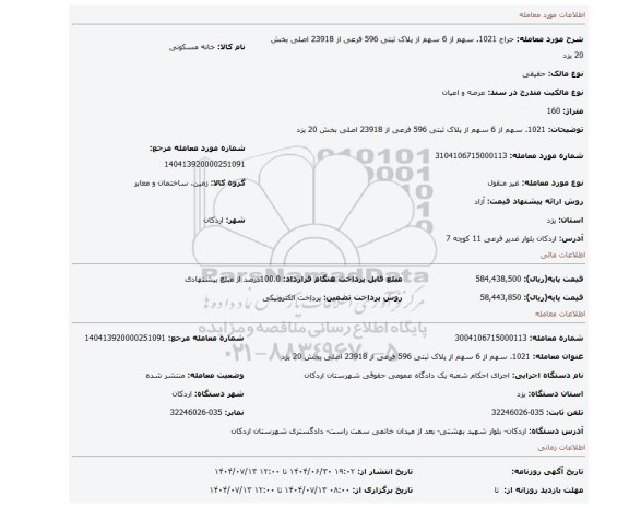 مزایده، 1021. سهم از 6 سهم از پلاک ثبتی 596 فرعی از 23918 اصلی بخش 20 یزد