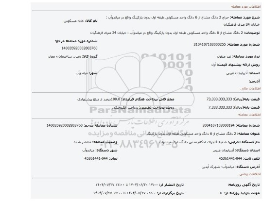 مزایده، 2 دانگ مشاع از 6 دانگ واحد مسکونی طبقه اول بدون پارکینگ واقع در میاندوآب : خیابان 24 متری فرهنگیان