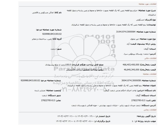 مزایده،  پنج قطعه زمین که یک قطعه بصورت خانه ها و محوط و زمین پشته و چهار قطعه شالیزاری
