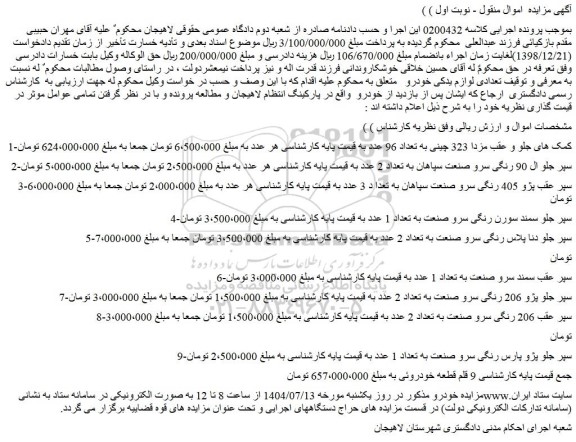 مزایده کمک های جلو و عقب مزدا 323 چینی به تعداد 96 عدد....