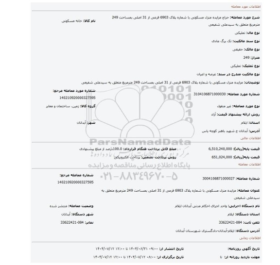 مزایده، مزایده منزل مسکونی با شماره پلاک 6903 فرعی از 31 اصلی بمساحت 249 مترمربع متعلق به سیدعلی شفیعی