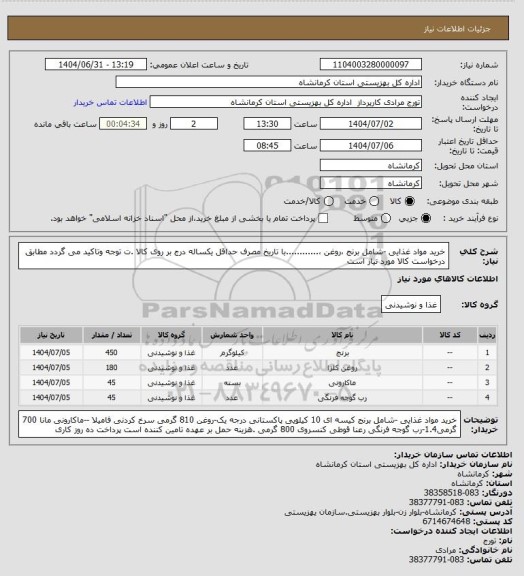 استعلام خرید مواد غذایی -شامل برنج ،روغن ،............با تاریخ مصرف حداقل یکساله درج بر روی کالا .ت توجه وتاکید می گردد مطابق درخواست کالا مورد نیاز است