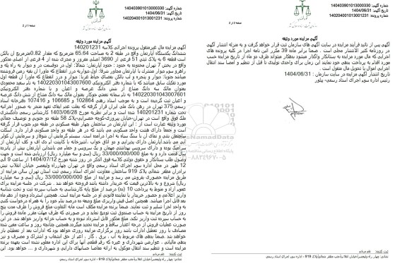 مزایده ششدانگ یکدستگاه آپارتمان واقع در طبقه 2 به مساحت 65.64 متر مربع 