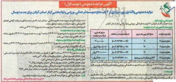 مزایده واگذاری بهره برداری از 4 باب مغازه 
