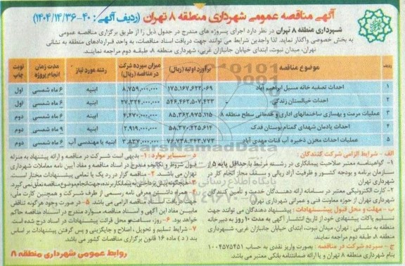 مناقصه احداث تصفیه خانه مسیل ابراهیم آباد.......
