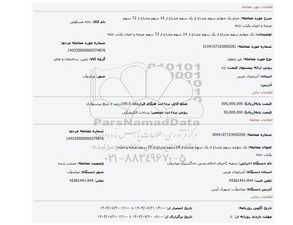 مزایده، یک چهارم سهم مشاع از یک سهم مشاع از 14 سهم مشاع از 72 سهم عرصه و اعیان یکباب خانه
