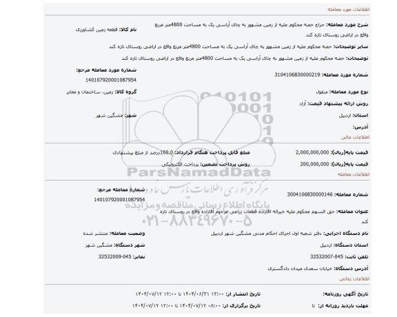 مزایده، حصه محکوم علیه از زمین مشهور به چای آراسی یک  به مساحت 4800متر مربع واقع در اراضی روستای تازه کند
