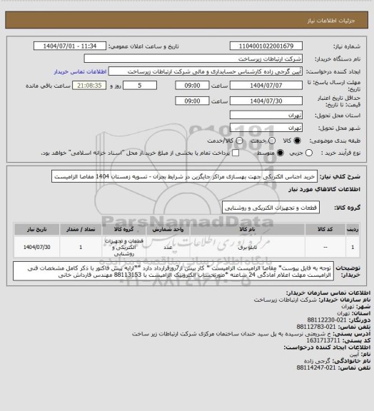 استعلام خرید اجناس الکتریکی جهت بهسازی مراکز جایگزین در شرایط بحران -     تسویه زمستان 1404
مفاصا الزامیست