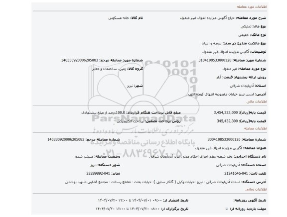 مزایده، آگهـی مـزایده امـوال غیـر منقـول