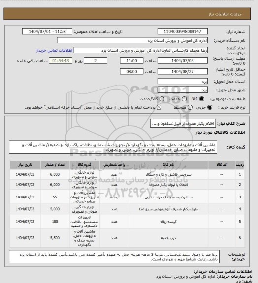 استعلام اقلام یکبار مصرف از قبیل:سلفون و....