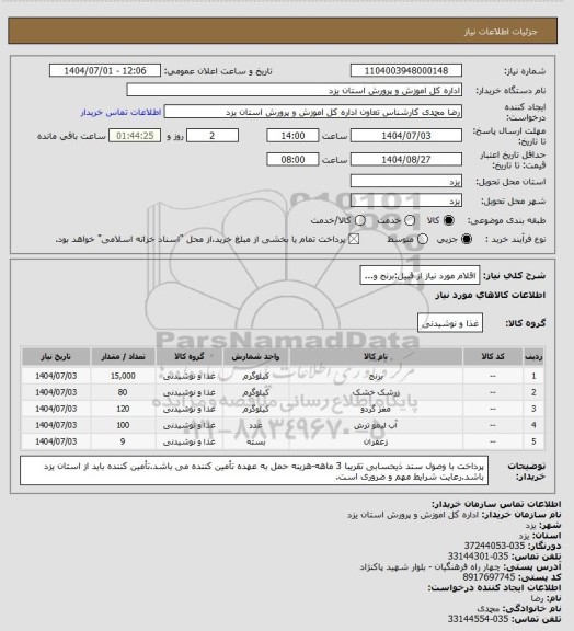 استعلام اقلام مورد نیاز از قبیل:برنج و...