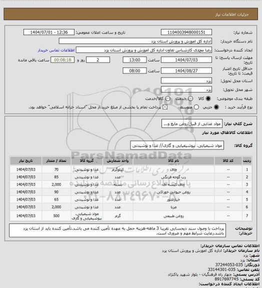 استعلام مواد غذایی از قبیل:روغن مایع و...