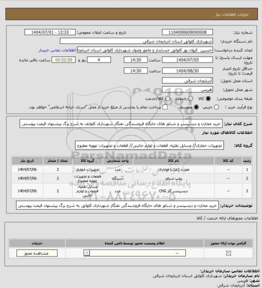 استعلام خرید مخازن و دیسپنسر  و شناور های جایگاه فروشندگی نفتگاز شهرداری کلوانف به شرح برگ پیشنهاد قیمت پیوستی