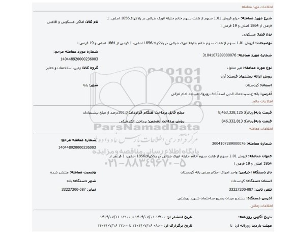 مزایده، فروش 1.01 سهم از هفت سهم خانم جلیله انوری ضیائی در پلاکهای1856 اصلی، 1 فرعی از 1864 اصلی و 19 فرعی ا