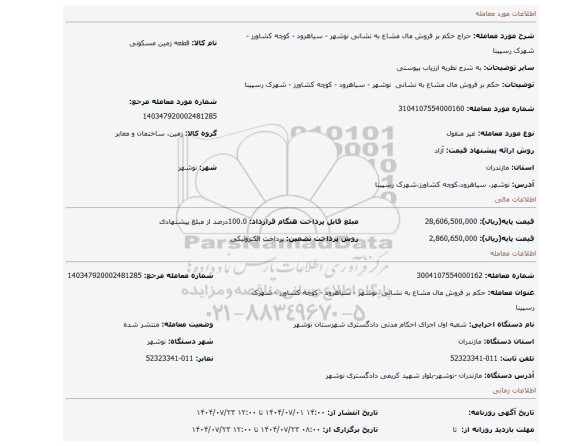 مزایده، حکم بر فروش مال مشاع به نشانی  نوشهر - سیاهرود - کوچه کشاورز - شهرک رسپینا
