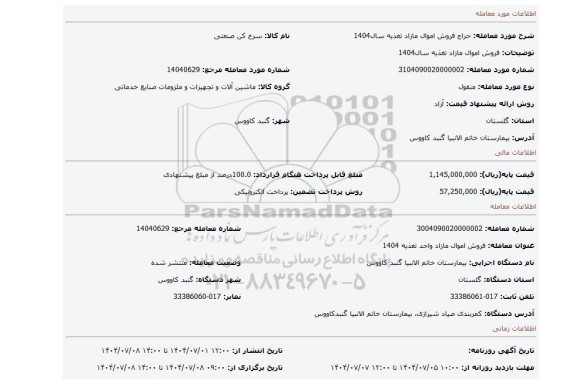 مزایده، فروش اموال مازاد تغذیه سال1404