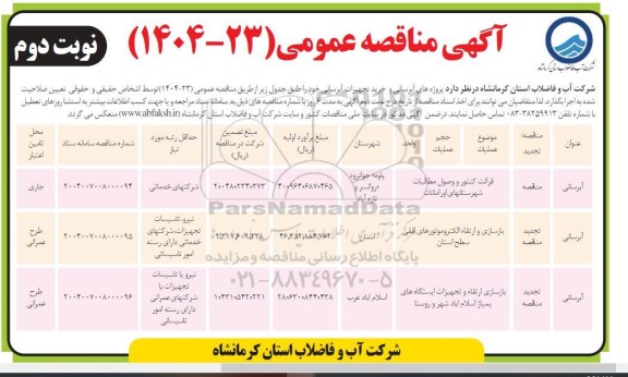 مناقصه پروژه های آبرسانی و خرید تجهیزات آبرسانی  نوبت دوم 