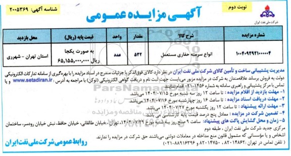 مزایده انواع سرمته حفاری مستعمل نوبت دوم 