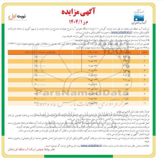 مزایده فروش 11 (یازده) دستگاه خودرو 
