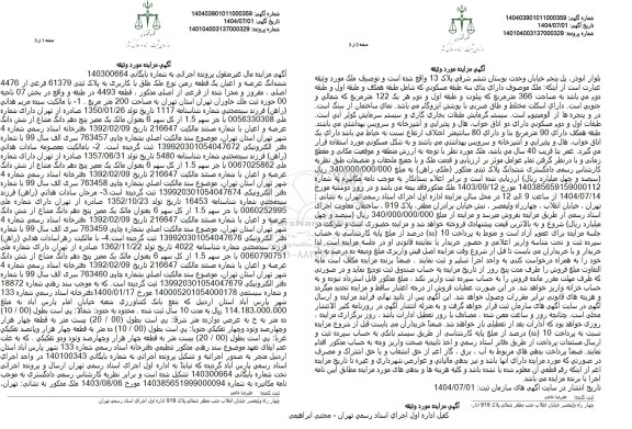 مزایده ششدانگ عرصه و اعیان یک قطعه زمین نوع ملک طلق با کاربری به پلاک ثبتی 61379 فرعی از 4476 اصلی 