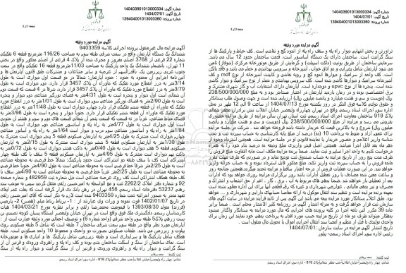 مزایده ششدانگ یک دستگاه آپارتمان واقع در سمت شرقی طبقه سوم به مساحت 116.26 متر مربع 