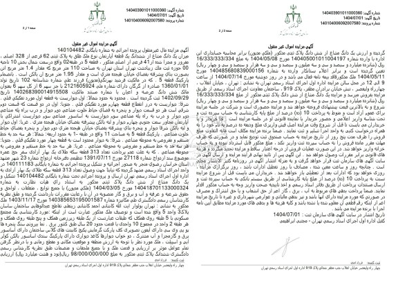 مزایده یک دانگ مشاع از ششدانگ یک قطعه آپارتمان