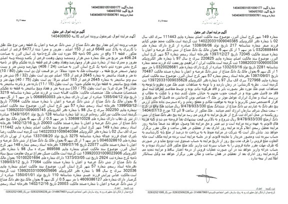 مزایده فروش  مقدار پنج دهم دانگ متناع از شش دانگ عرصه و اعیان یک قطعه زمین نوع ملک طلاق با کاربری به پلاک ثبتی 6648 فرعی از 153