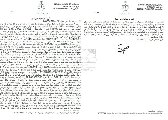 مزایده سه دانگ مشاع از ششدانگ یک قطعه واحد تجاری نوع ملک طلق با کاربری تجاری به پلاک ثبتی 29291 فرعی از 5 اصلی