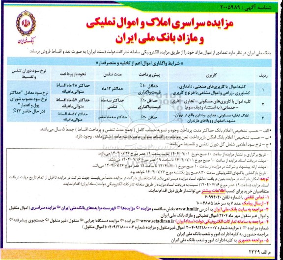 مزایده سراسری املاک و اموال تملیکی و مازاد 