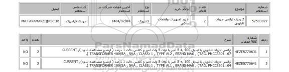 استعلام 2 ردیف ترانس جریان تابلویی