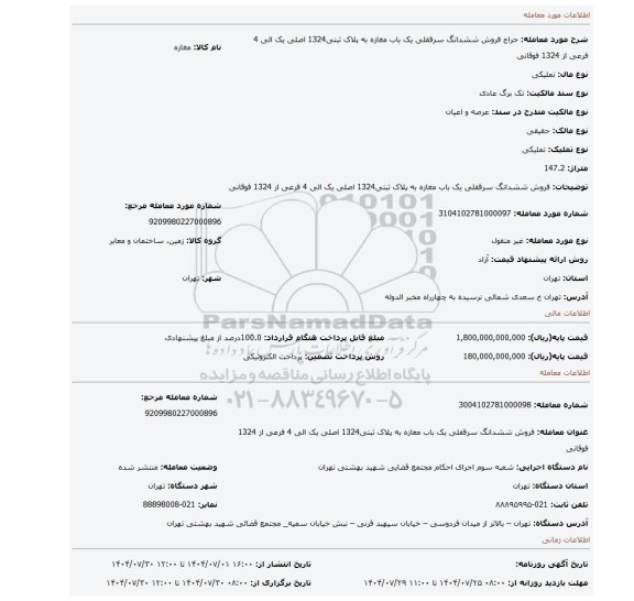 مزایده، فروش ششدانگ سرقفلی یک باب مغازه به پلاک ثبتی1324 اصلی   یک الی 4 فرعی از 1324 فوقانی