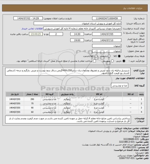 استعلام شنیسل و فیله ران  بدون چربی و غضروف وضایعات.ران سایز350تا400گرمی.ساق بدون پوست و چربی .بارگرم و درجه 1شمالی کشتار روز قیمت گذاری شود.