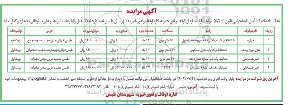 مزایده واگذاری املاک شامل: ششدانگ یک باب آشپزخانه ... 