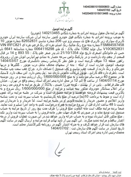 مزایده سواری هاچ بک سیستم پژو تیپ 206 رنگ نقره ای 