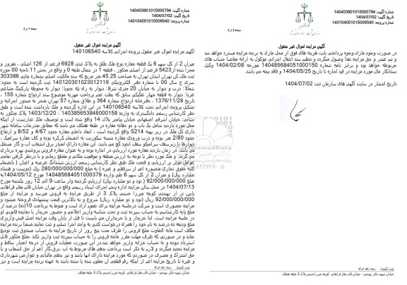 مزایده فروش میزان 2 از کل سهم 6 یک قطعه مغازه نوع ملک طلق به پلاک ثبتی 6928 فرعی از 126 اصلی