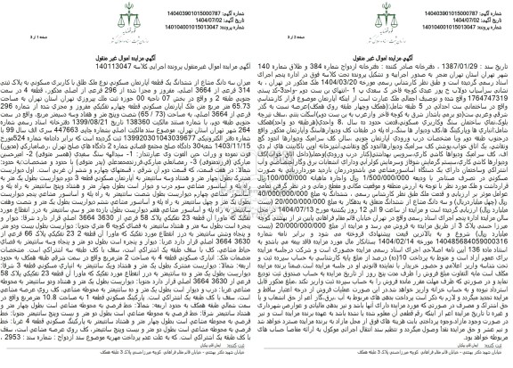 مزایده سه دانگ مشاع از ششدانگ یک قطعه آپارتمان مسکونی نوع ملک طلق با کاربری مسکونی به پلاک ثبتی 314 فرعی از 3664 اصلی