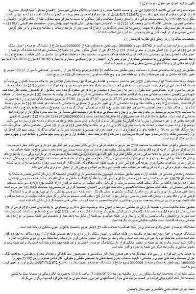 مزایده ششدانگ عرصه و اعیان یک واحد تجاری در طبقه همکف به مساحت کف 35.25متر مربع