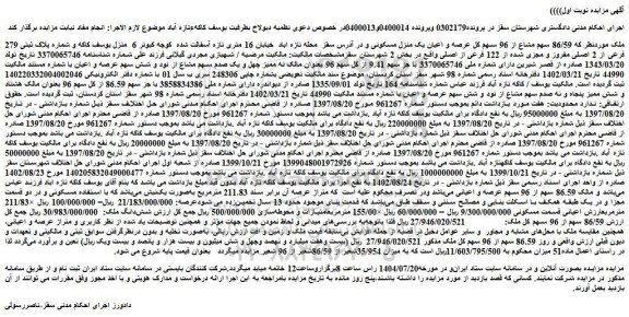 مزایده 86/59 سهم مشاع از 96 سهم کل عرصه و اعیان یک منزل مسکونی