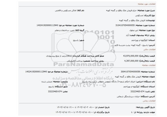مزایده، فروش ملک واقع در گنجه کهنه