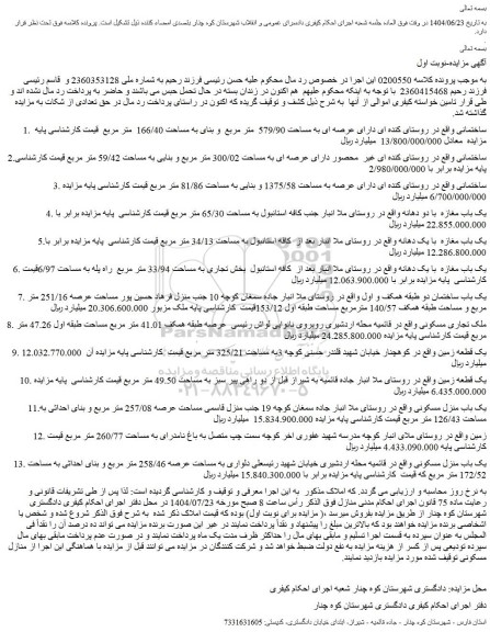 مزایده ساختمانی دارای عرصه ای به مساحت 579/90  متر مربع  و بنای به مساحت 166/40  متر مربع